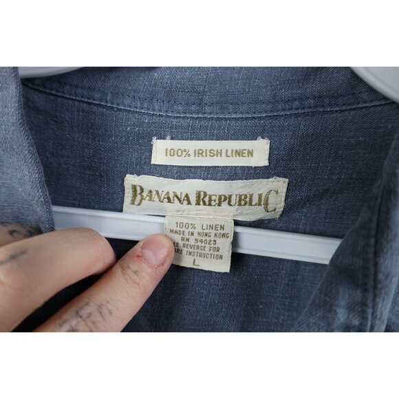 Vtg 80s 90s Banana Republic Mens L Baggy Irish Linen Collared Button Shirt Blue - Picture 8 of 12